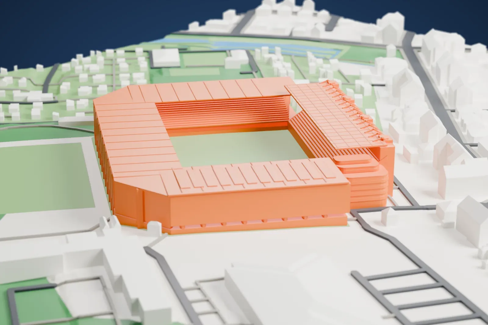 A white 3D print of Bielefelder Alm, a wide, low stadium footprint among the surrounding streets and buildings.