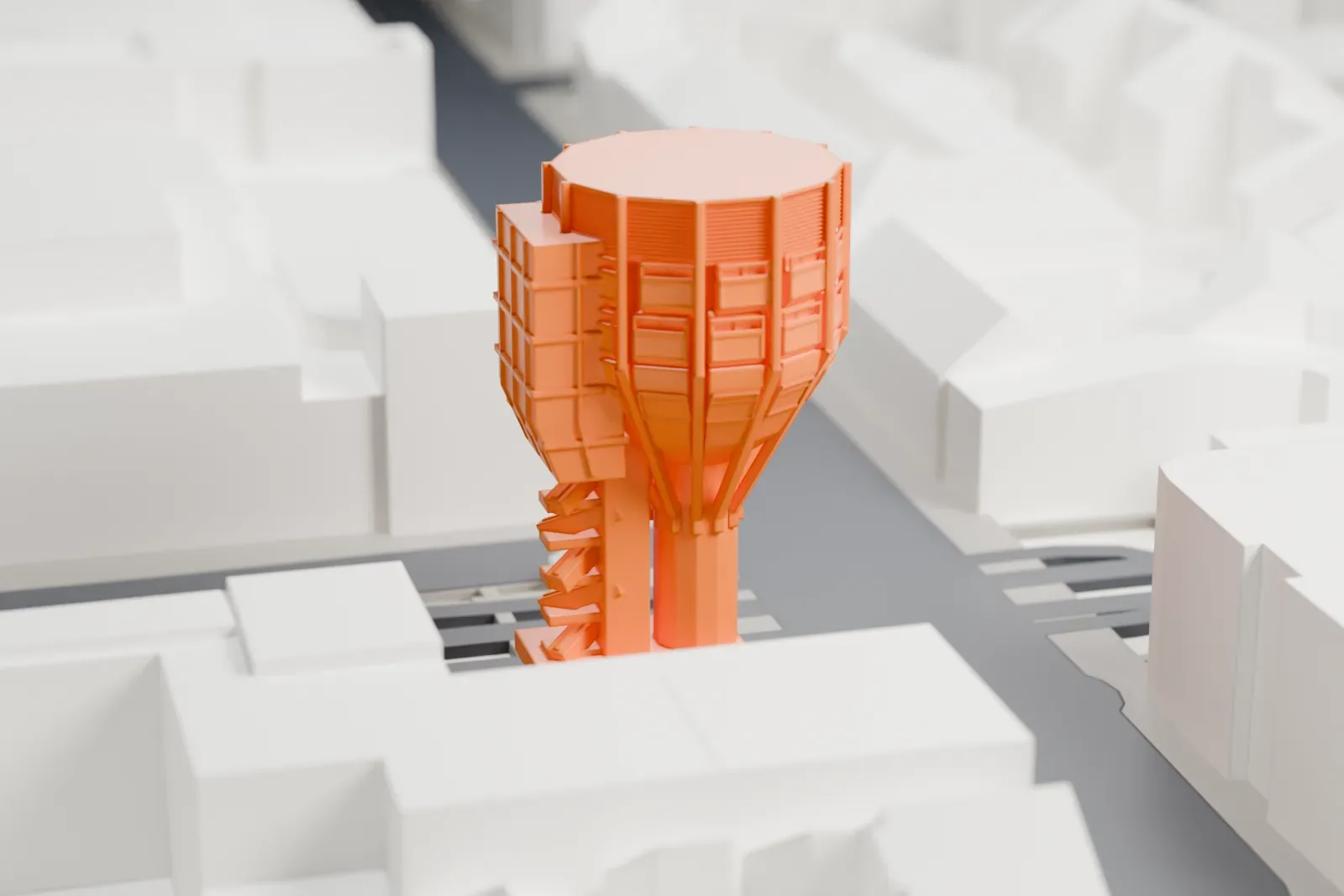 A white 3D print of the Bierpinsel, a tall tower among the surrounding streets and buildings.
