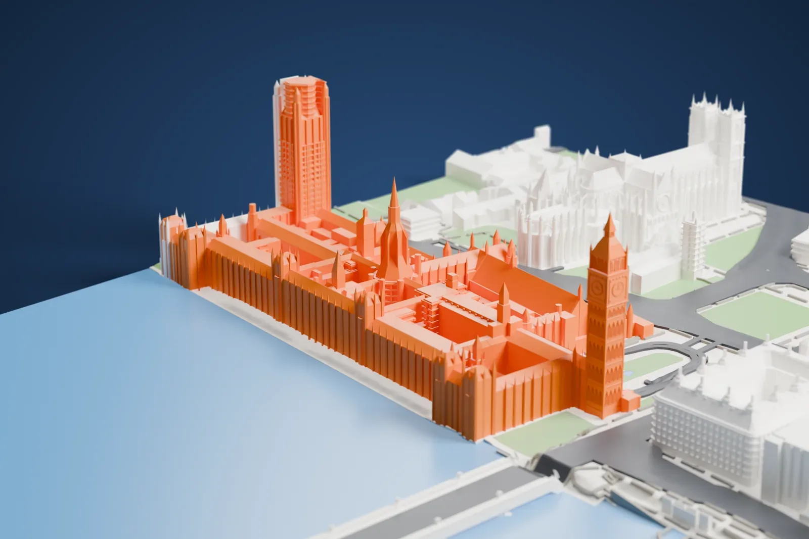 A white 3D print of Big Ben, the tall clock tower of the Palace of Westminster, with a river and a bridge beside it and the Gothic buildings and streets of London around it.