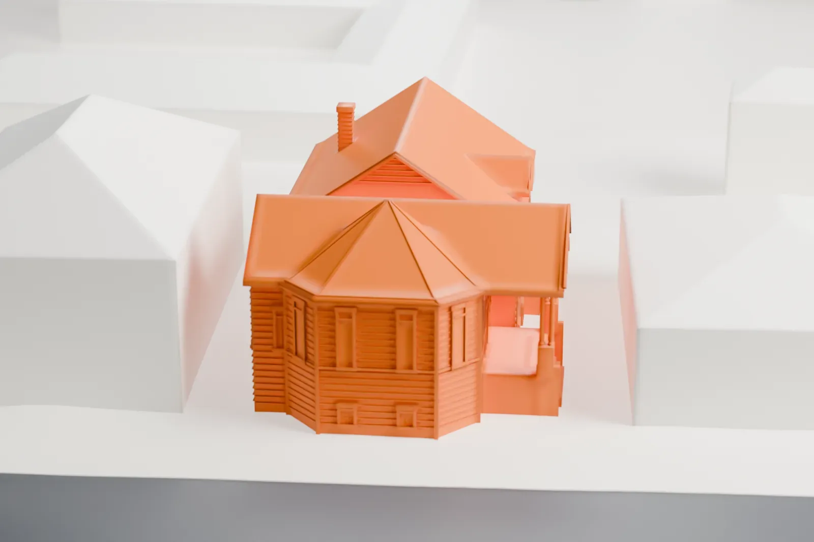 A white 3D print of the Bikur Cholim Synagogue, a low gabled building with a polygonal bay, a front porch and a chimney, among neighboring houses and a street.