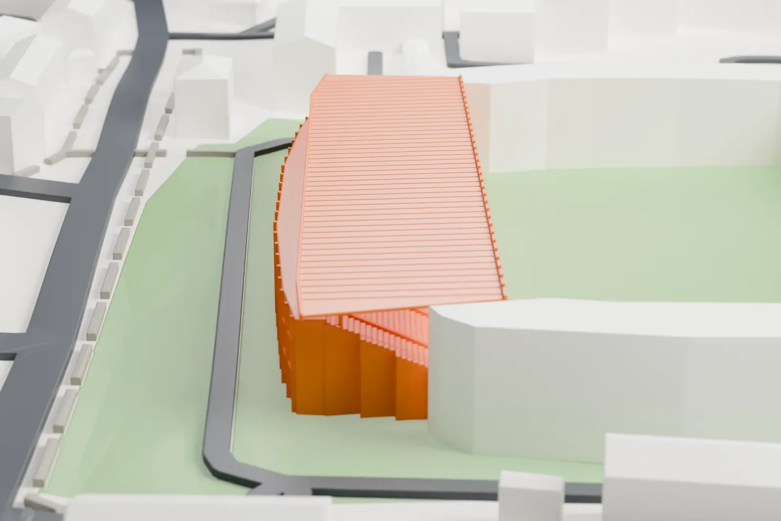 A white 3D print of the long covered west stand at Bilino Polje Stadium, with gray stands and city buildings around it.