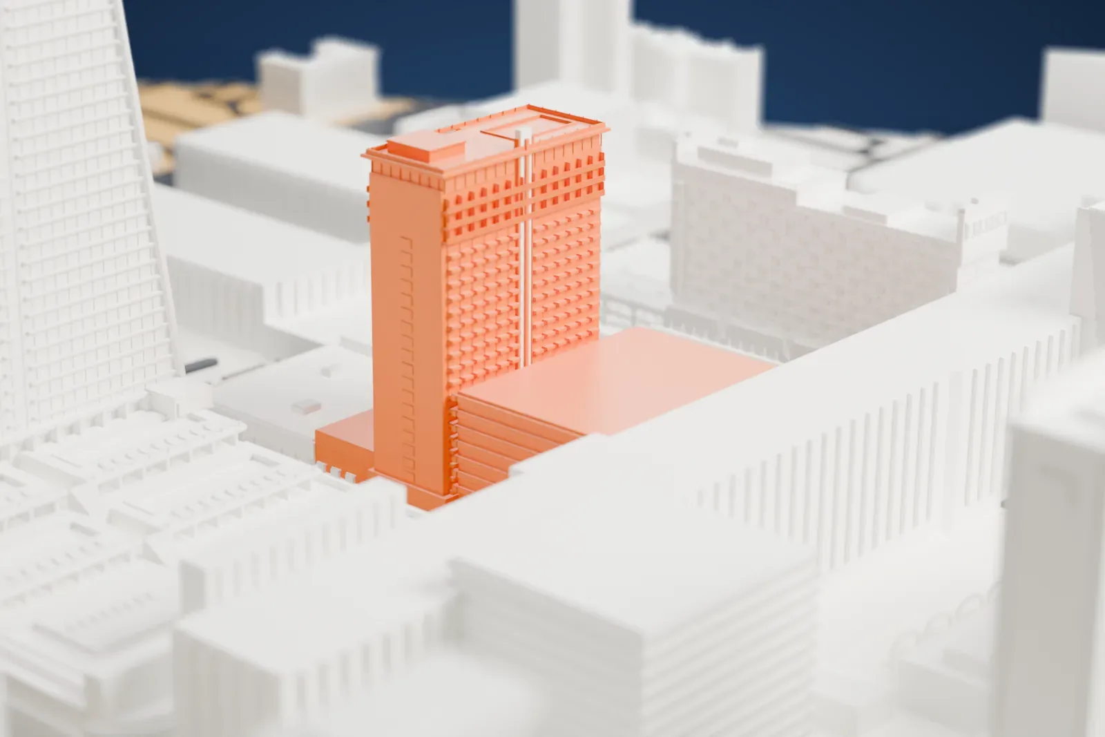 A white 3D print of Binion's Gambling Hall & Hotel, a tower on a wider stepped base, surrounded by dense downtown buildings and a taller glass tower beside it.