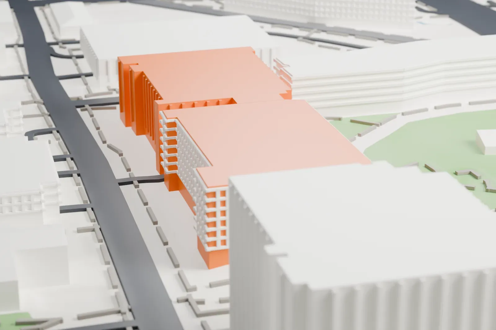 A white 3D print of the Biodesign Institute, a long multi-part building with flat roofs, beside green lawns and campus paths.