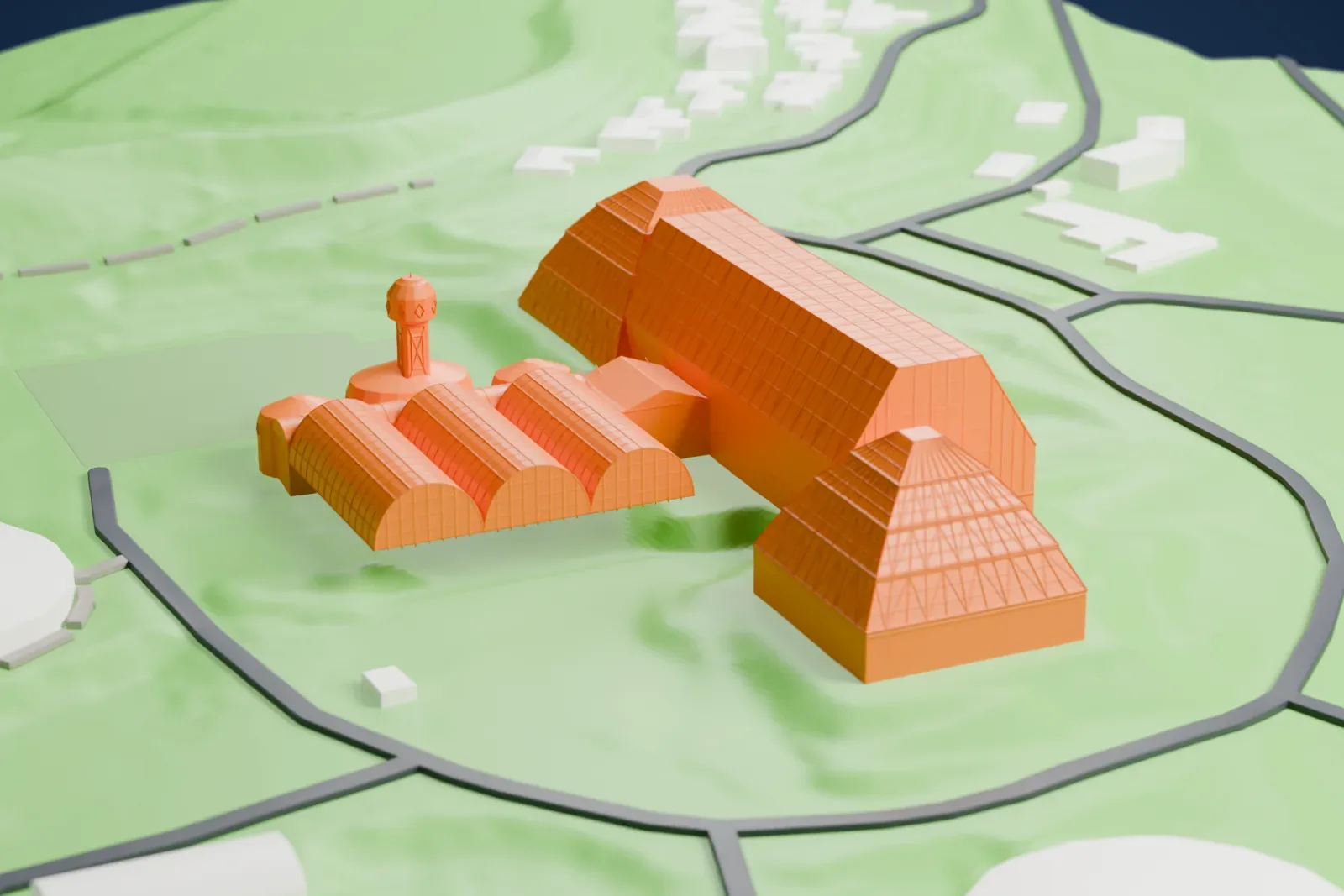 A white 3D print of Biosphere 2, a cluster of glazed pyramids, long vaulted halls and rounded domes, on a green hillside with winding roads and round tanks nearby.
