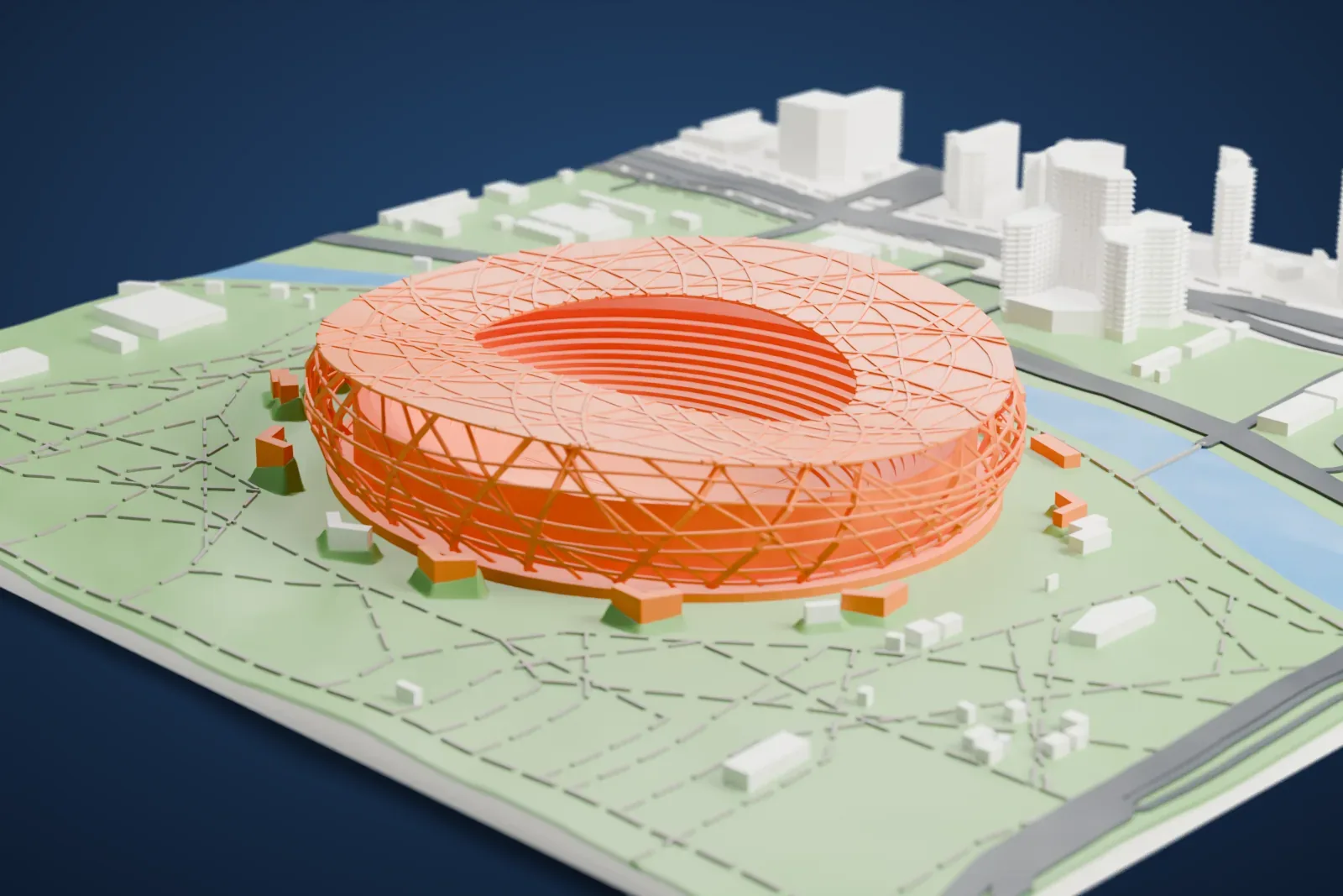 A white 3D print of the Beijing National Stadium, an oval bowl wrapped in a web of crisscrossing steel beams, with a river, park paths, roads and buildings nearby.