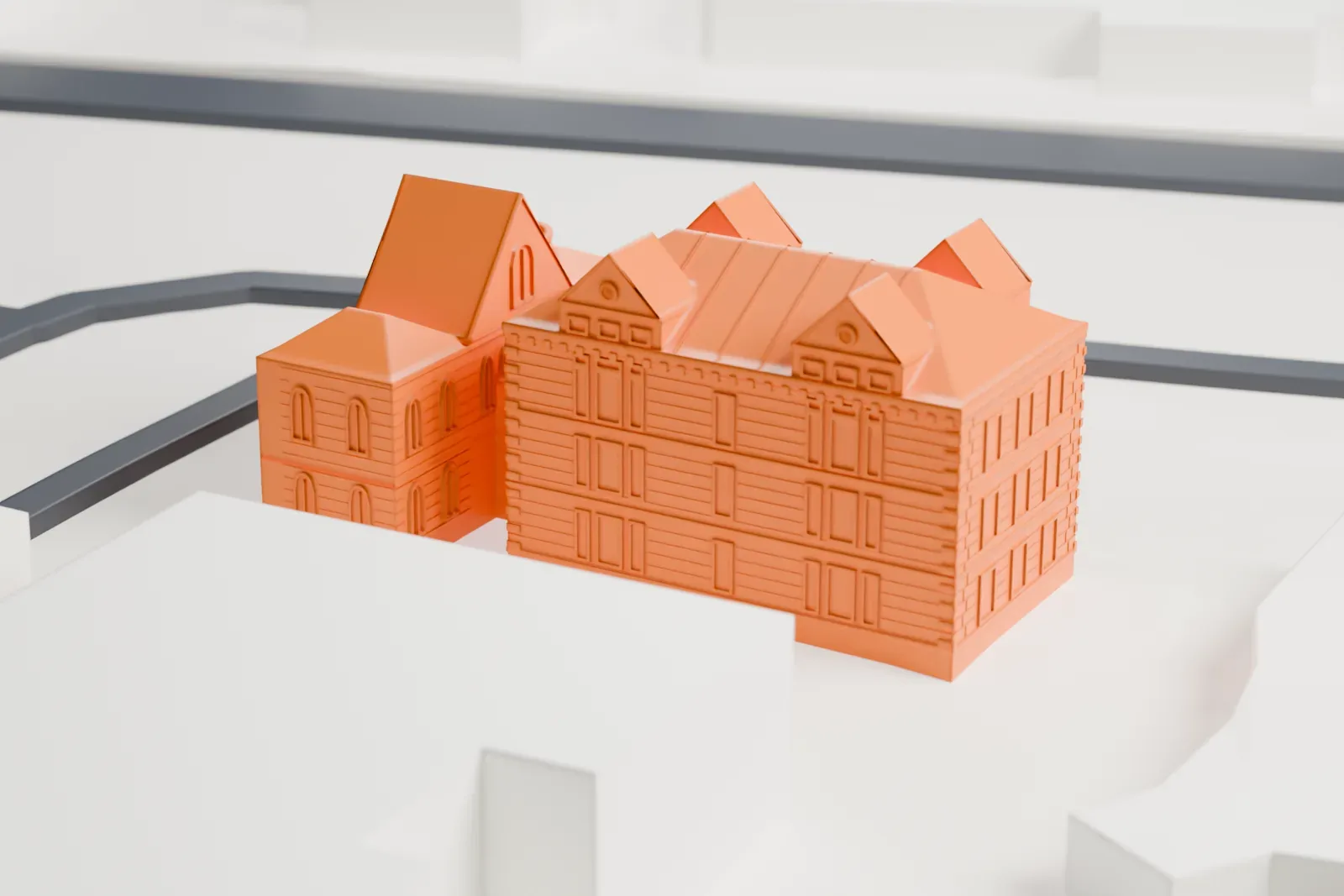 A white 3D print of the Bishop Museum, a museum building, among the surrounding city buildings of Honolulu.