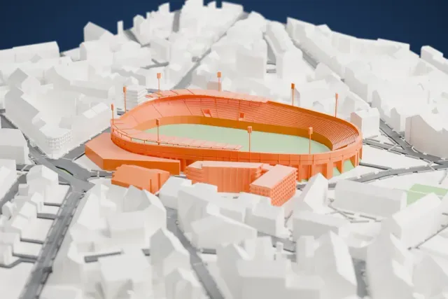 A white 3D print of Bislett Stadium, an oval open bowl with tiered stands, slim floodlight masts and a green pitch, packed in among dense city buildings.