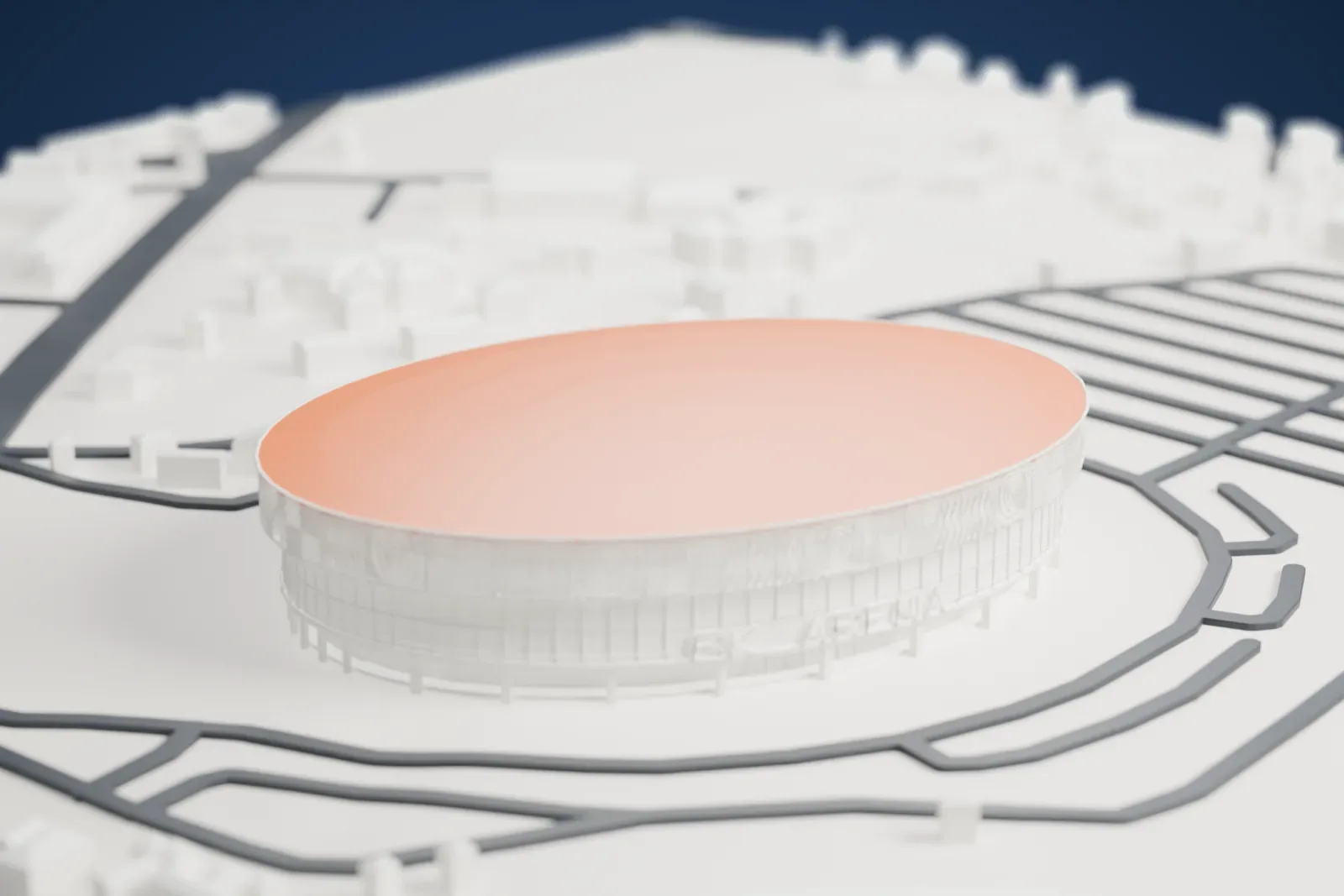 A white 3D print of BK Arena, a round arena with a wide flat roof, a patterned band around its wall and columns at the base, among roads and low buildings.