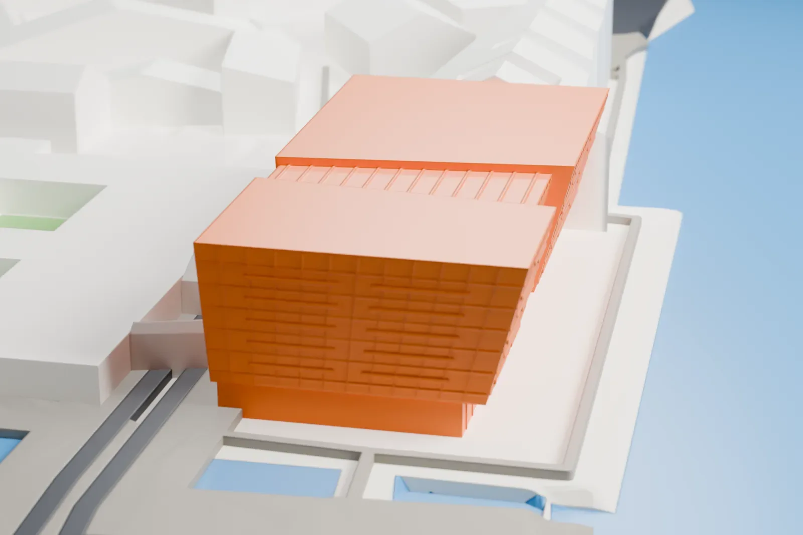 A white 3D print of the Black Diamond on the Copenhagen waterfront, with the surrounding harbor buildings.