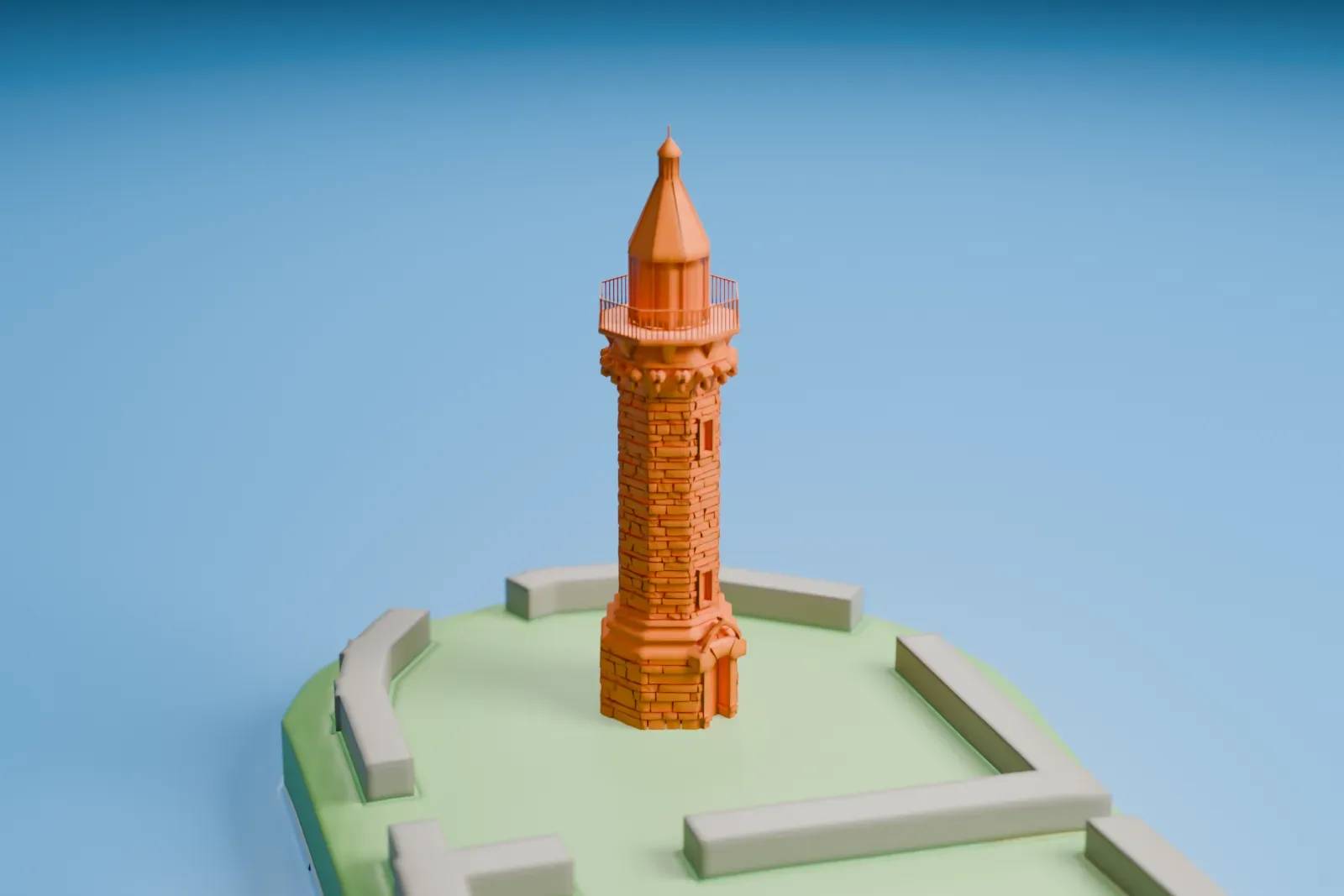A white 3D print of the Blackwell Island Light, a slim octagonal tower with a pointed cap, standing on a grassy point surrounded by water.