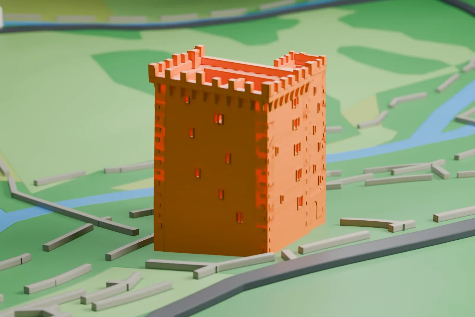 A white 3D print of Blarney Castle, a tall square stone keep with battlements along its top, standing on green grounds with paths and water nearby.