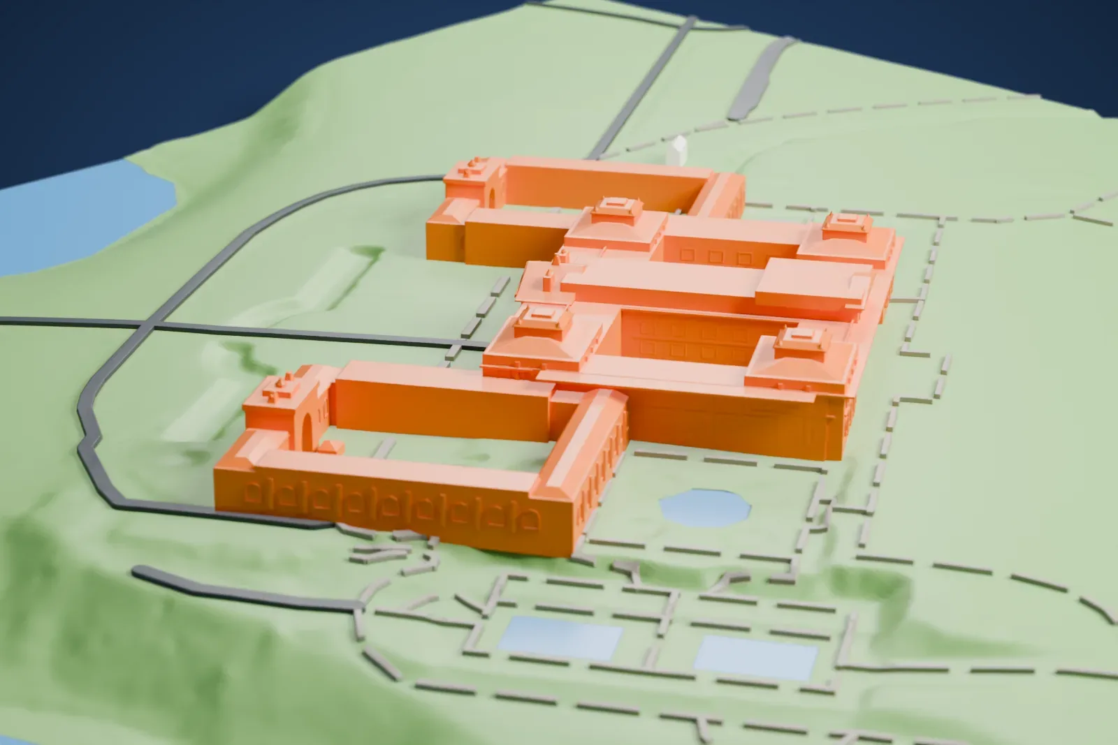A white 3D print of Blenheim Palace, a long building with two wings around courtyards, set in green parkland with winding paths, small ponds and water beyond.