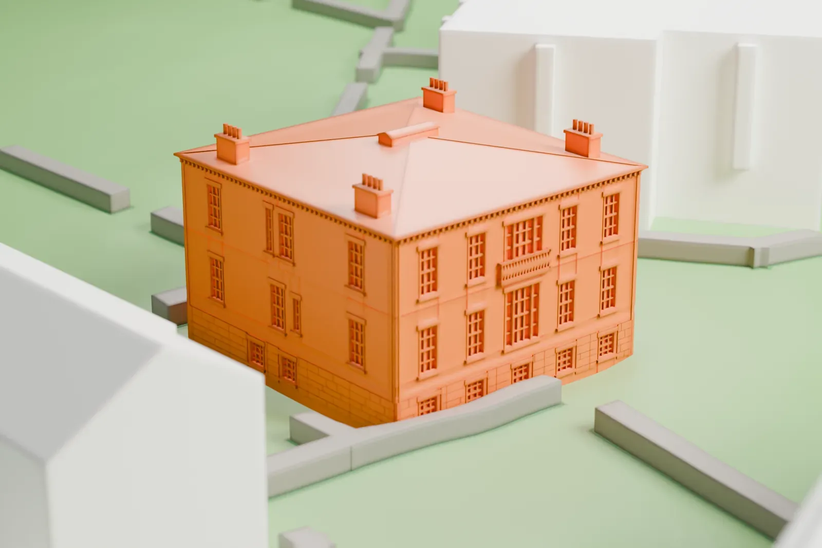 A white 3D print of the Block House, a small two-story building on the green lawns and curving paths of Governors Island, with water along the shore.