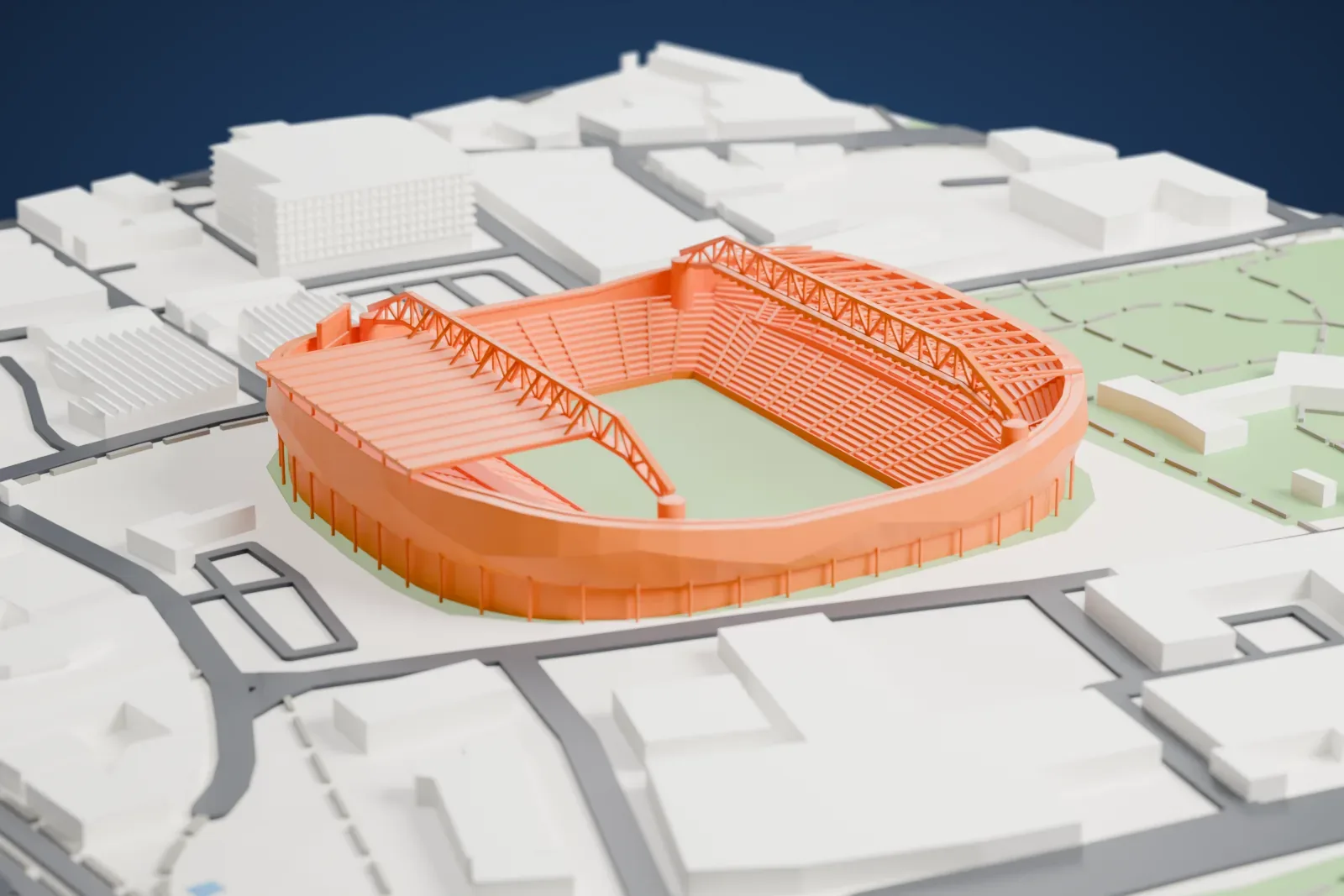 A white 3D print of Bloomfield Stadium, its twin white trusses and faceted shell rising above the streets and buildings around it.