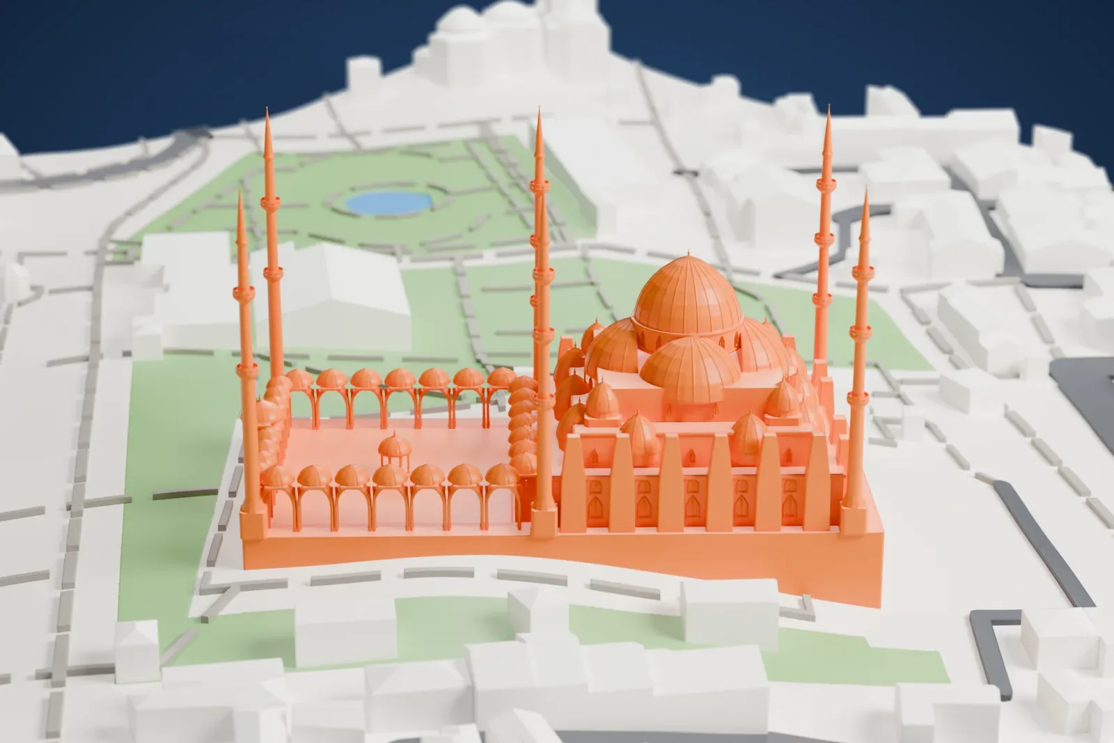 A white 3D print of the Blue Mosque, with its central dome, stepped semi-domes, domed courtyard and six minarets, surrounded by park areas, paths and buildings.