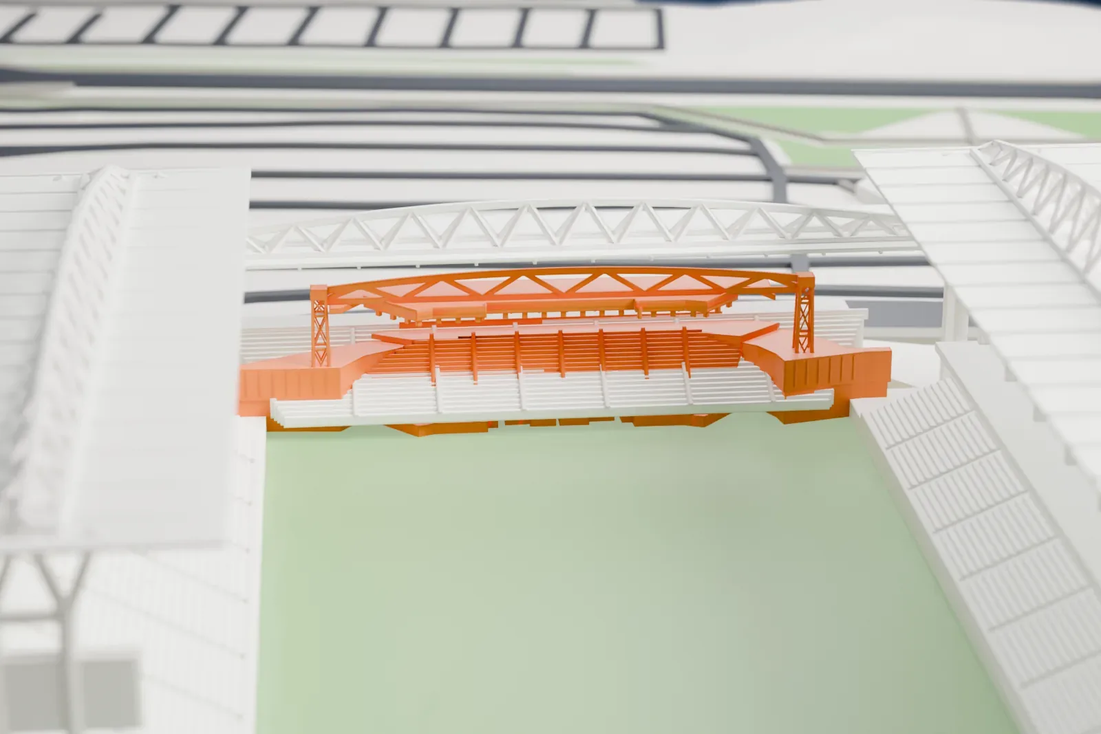 A white 3D print of BMO Field, a football and soccer stadium, among the surrounding streets and buildings.