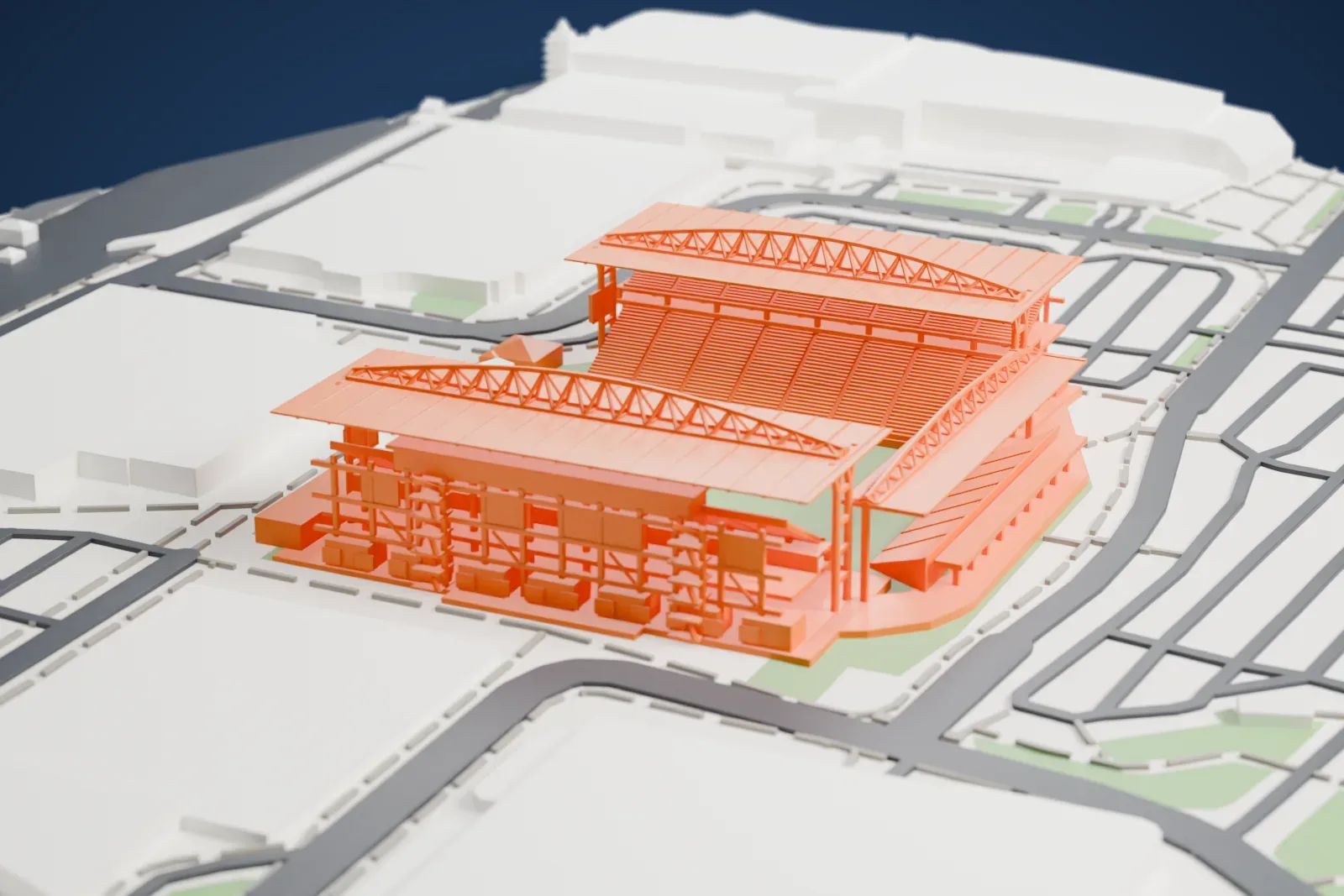 A white 3D print of BMO Field, a football stadium with roofed grandstands and arched roof trusses around a grass pitch, set among streets and large low buildings.
