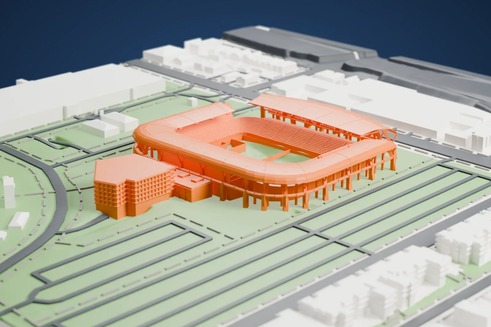 A white 3D print of BMO Stadium, a soccer stadium with a curved roof over tiered stands and slim angled supports, set among lawns, roads and a few buildings.