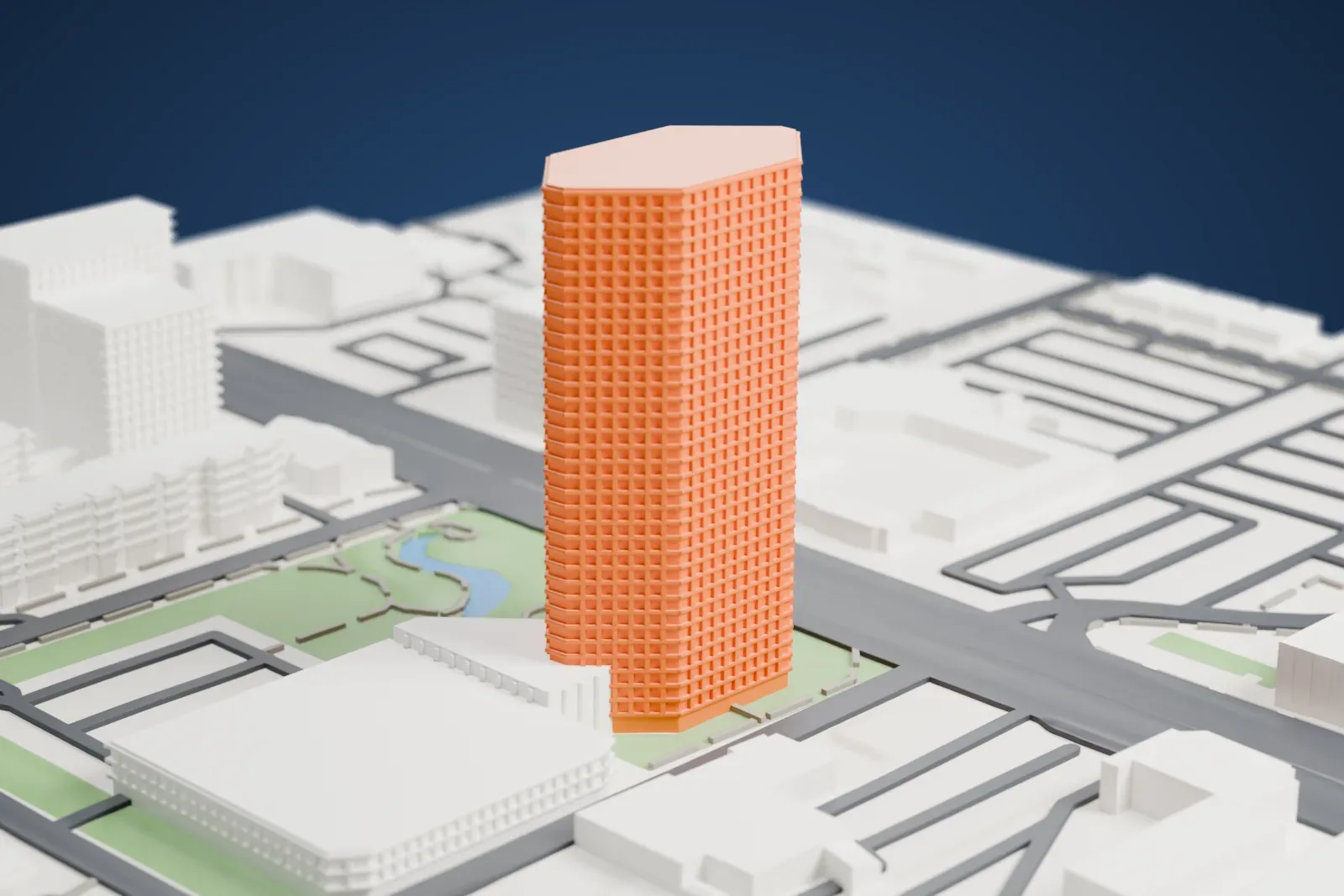 A white 3D print of the BMO Tower, a tall slim tower with a curved top, beside a landscaped park with a small pond and surrounded by roads and low buildings.
