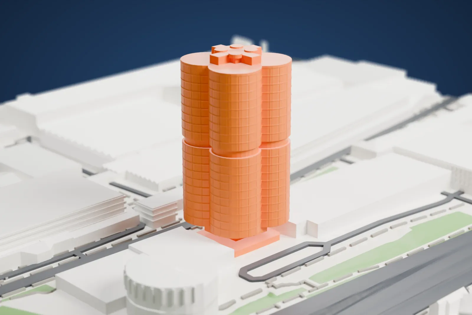 A white 3D print of the BMW Headquarters, a tall tower made of four joined cylinders with horizontal floor lines and a small pad on its roof, with roads, lawns and large buildings around it.