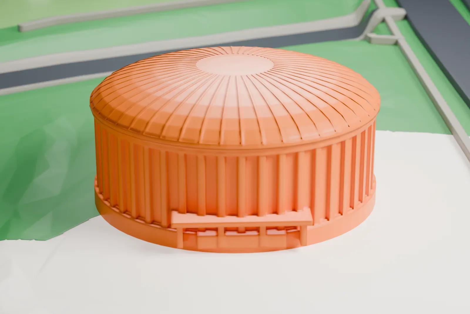 A white 3D print of BMW Park in Munich, with the surrounding streets and buildings around it.