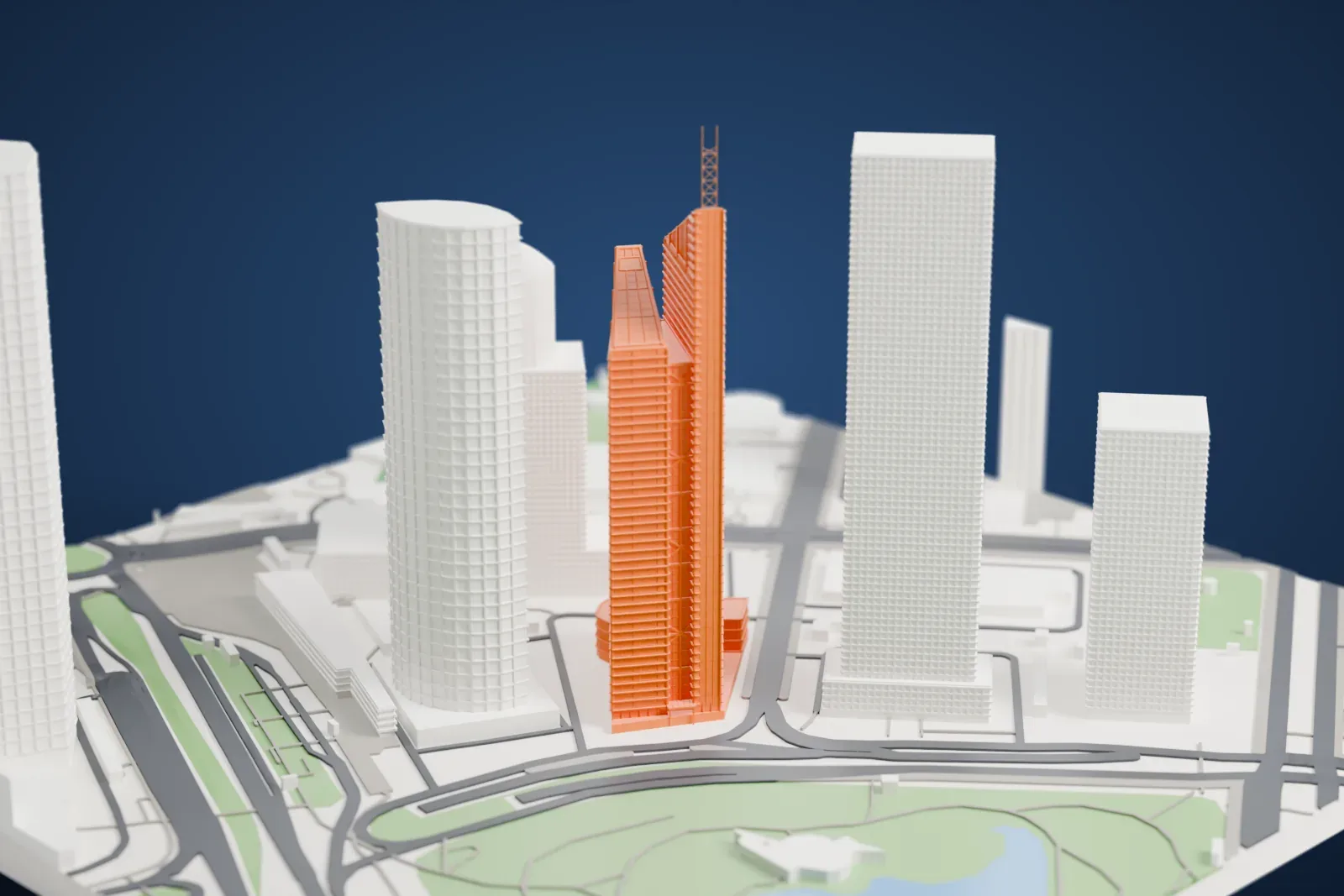 A white 3D print of the Bocom Financial Towers, two conjoined towers with slanted tops and a lattice mast, standing among other tall towers.