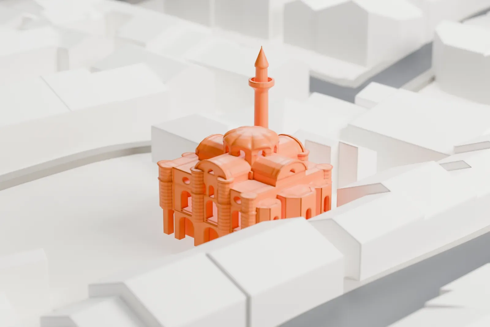 A white 3D print of Bodrum Mosque among the surrounding city buildings of Istanbul.