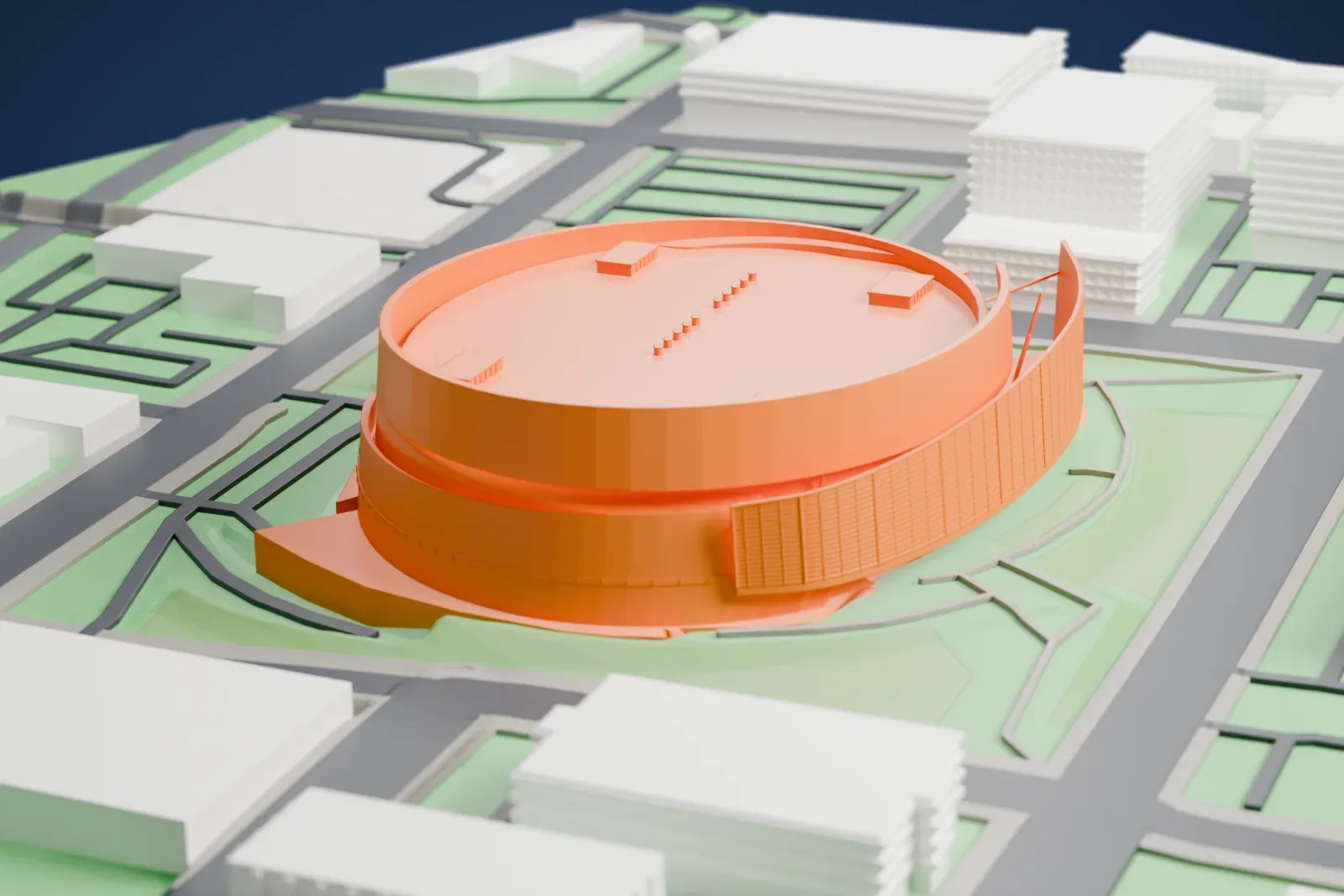 A white 3D print of the BOK Center, a broad oval arena with a long curved glass wall and a high curling rim, among the surrounding streets and buildings of Tulsa.