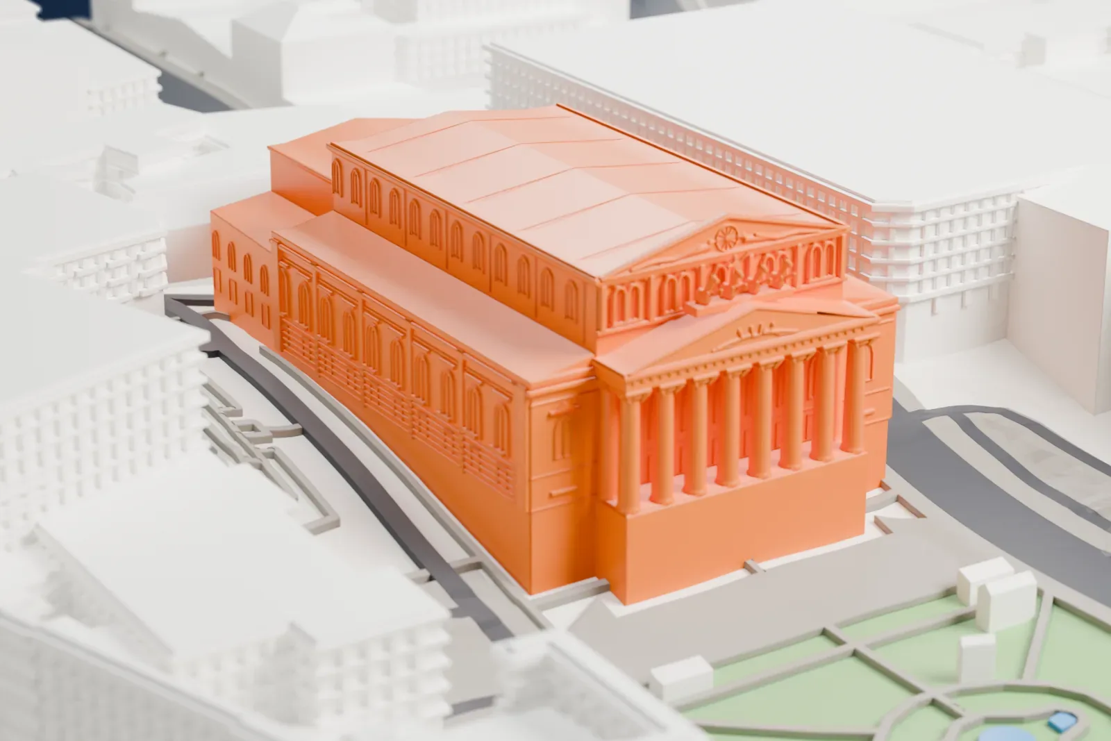 A white 3D print of the Bolshoi Theatre in Moscow, shown among the surrounding streets and buildings.