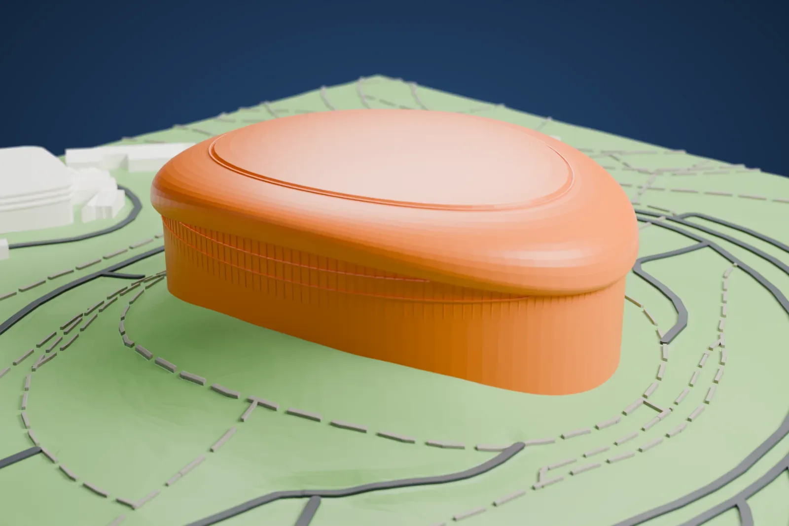A white 3D print of the Bolshoy Ice Dome, an oval droplet-shaped shell with a rounded crown, standing among the buildings around it.