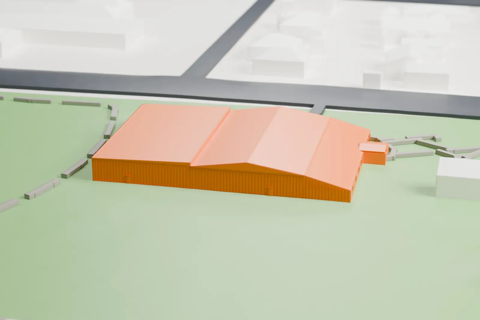 A white 3D print of the Bomber Command Museum of Canada Hangar with broad pitched roofs, open ground, bordering streets and nearby buildings.