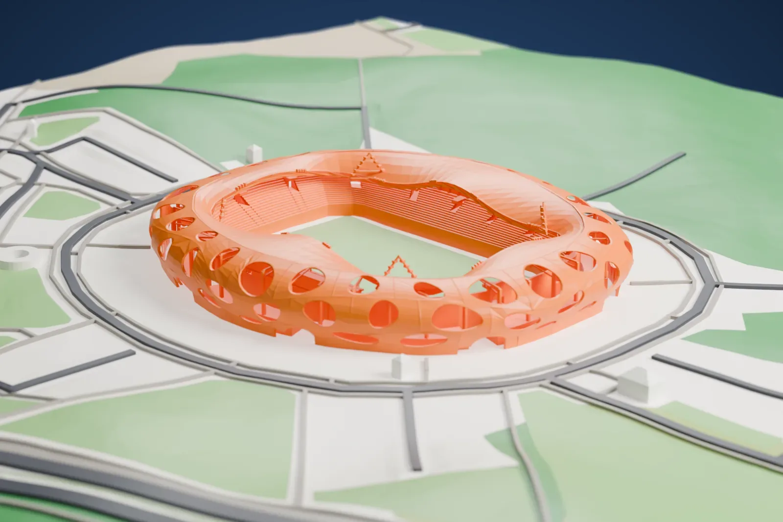 A white 3D print of Borisov Arena, a rounded stadium pierced by openings, with an open roof, surrounded by a ring road and green slopes.