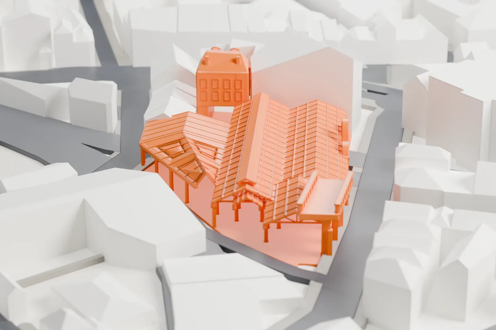 A white 3D print of Borough Market, its market halls standing among the surrounding streets and buildings of Southwark.