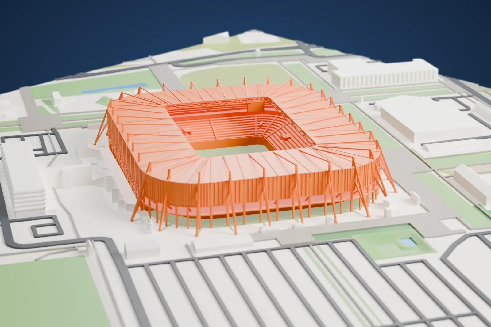 A white 3D print of Borussia-Park, with its open roof, projecting pylons and the surrounding streets and buildings in Mönchengladbach.