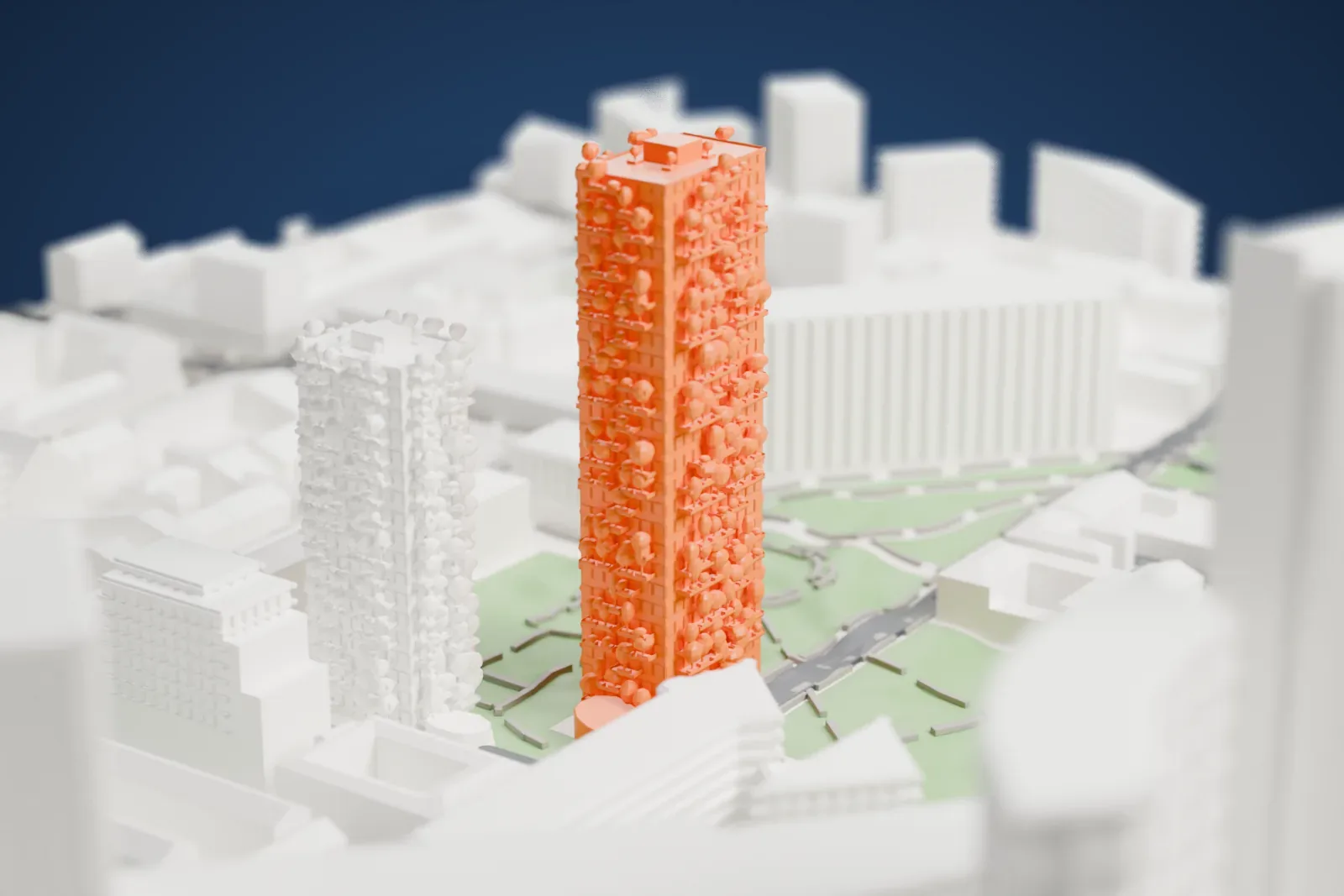 A white 3D print of the Bosco Verticale, two tall towers of different heights with small trees on their balconies, standing among park areas, roads and taller buildings nearby.