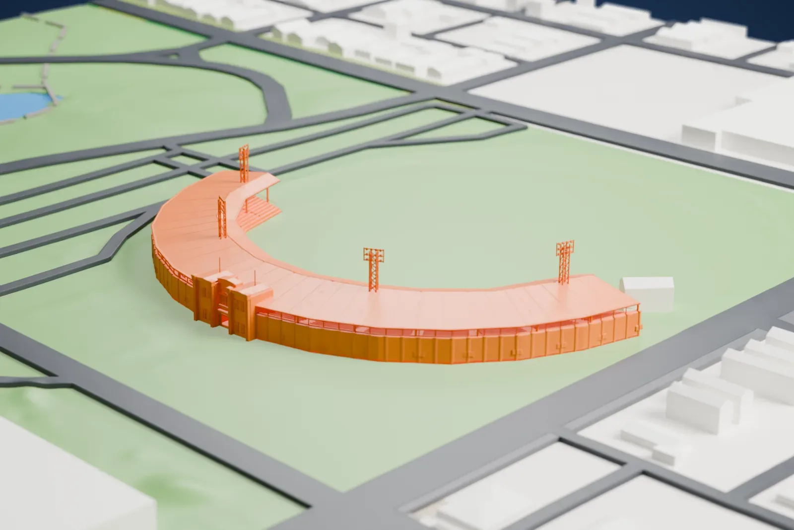 A white 3D print of Bosse Field, a curved grandstand with four lattice light towers, wrapped around an open green field with streets and low buildings nearby.