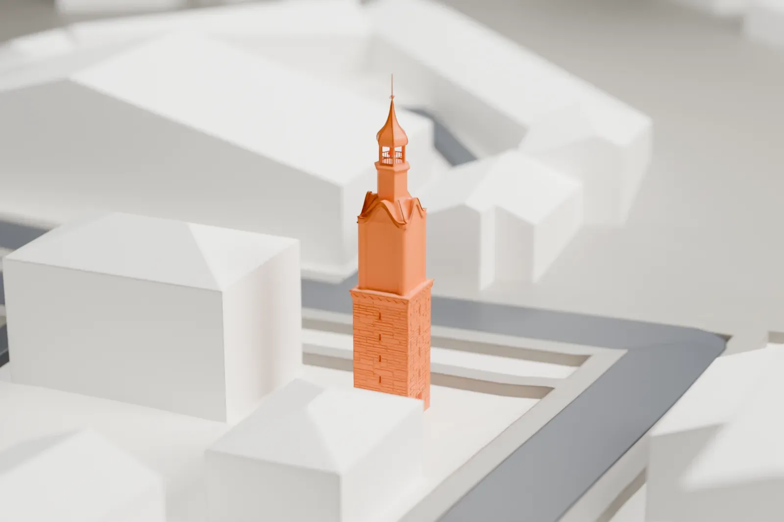 A white 3D print of the Botevgrad Clock Tower, a slender tower with a textured stone base, a narrower middle section and an onion-shaped cap, standing among low buildings and streets.