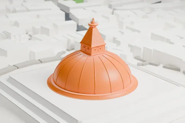 A white 3D print of the Boudhanath model in Kathmandu, with the streets around it.
