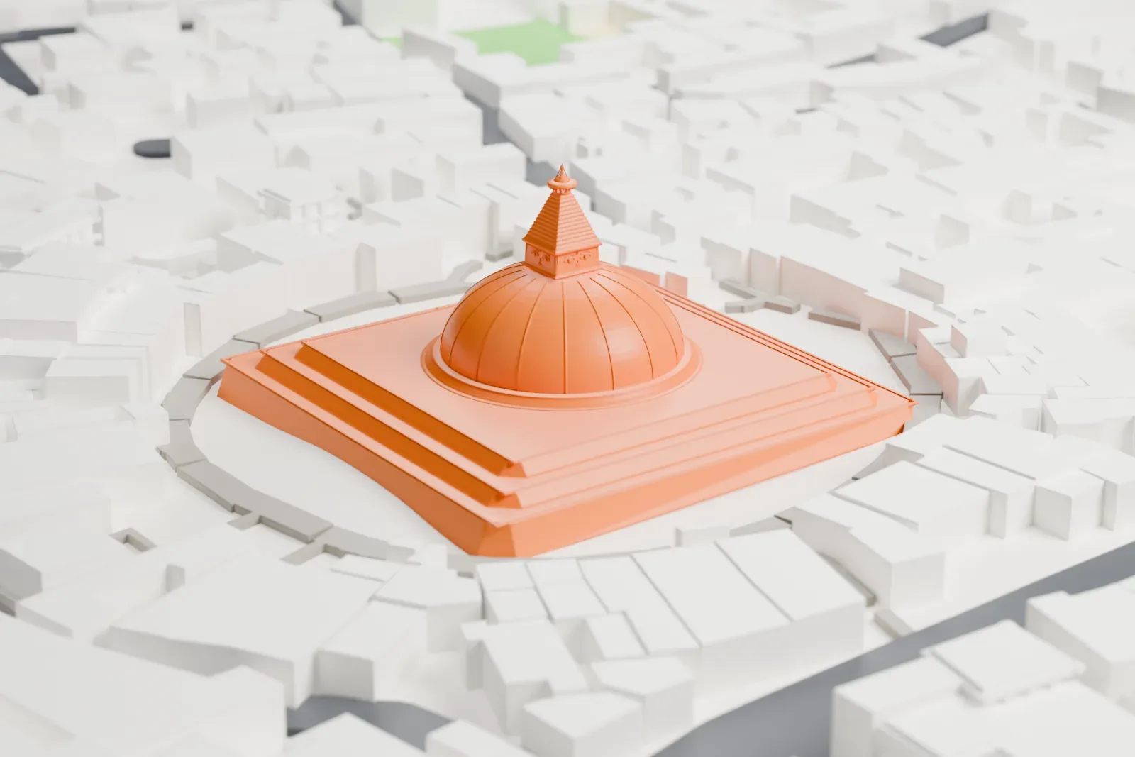 A white 3D print of the Boudhanath stupa with a dome and stepped spire on a tiered platform, surrounded by an open walkway, closely packed buildings, and streets.