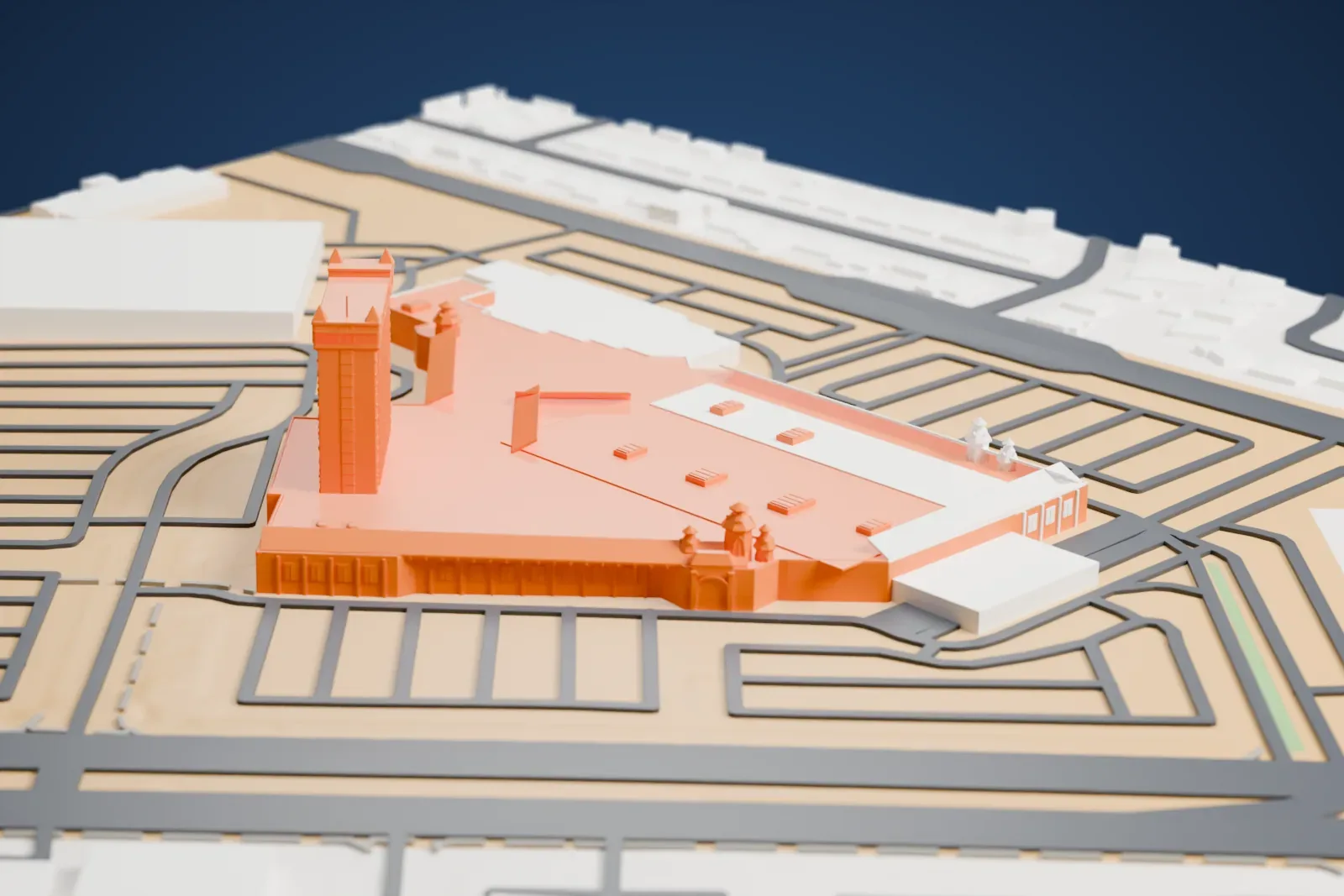 A white 3D print of Boulder Station, a wide flat-roofed casino building with a tall hotel tower topped by corner turrets and small cupolas along the roofline, surrounded by roads and low buildings.