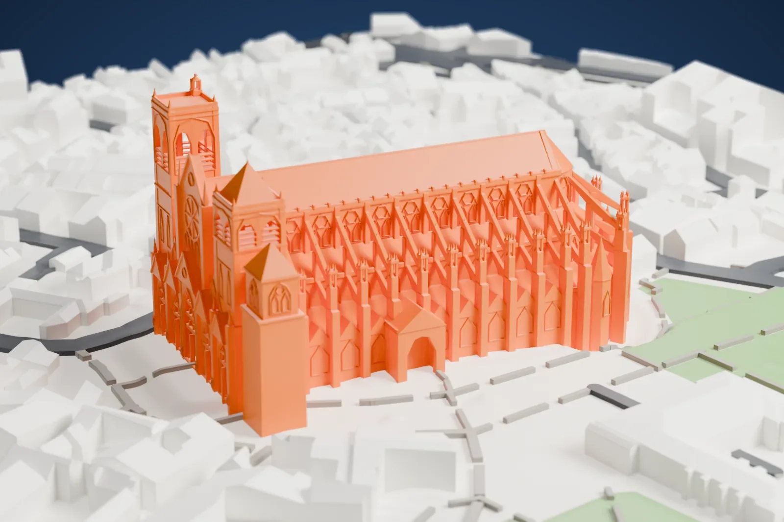 A white 3D print of Bourges Cathedral, a long Gothic church with buttressed flanks and two west towers, among dense town buildings, streets and a garden.
