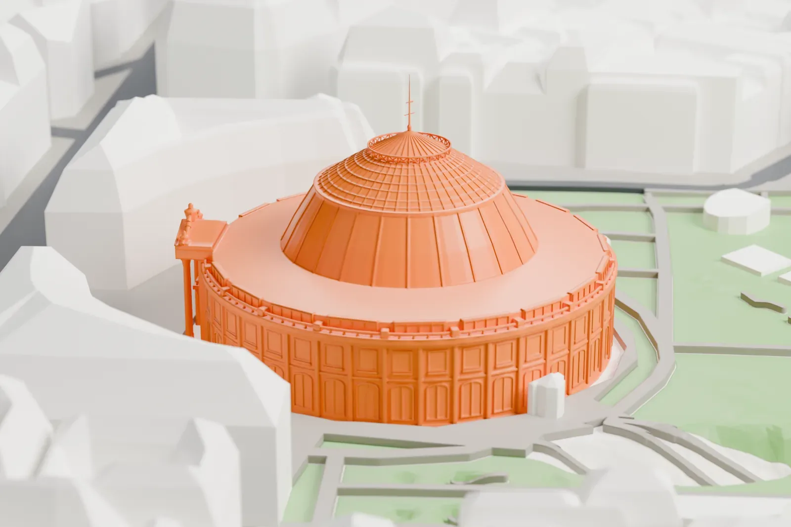 A white 3D print of the Bourse de Commerce with its dome and the surrounding city buildings.