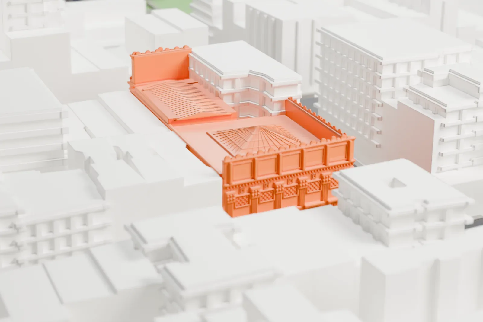 A white 3D print of the Bowery Savings Bank Building, an L-shaped low building with a columned front and a ribbed skylight, surrounded by taller blocks and narrow streets.