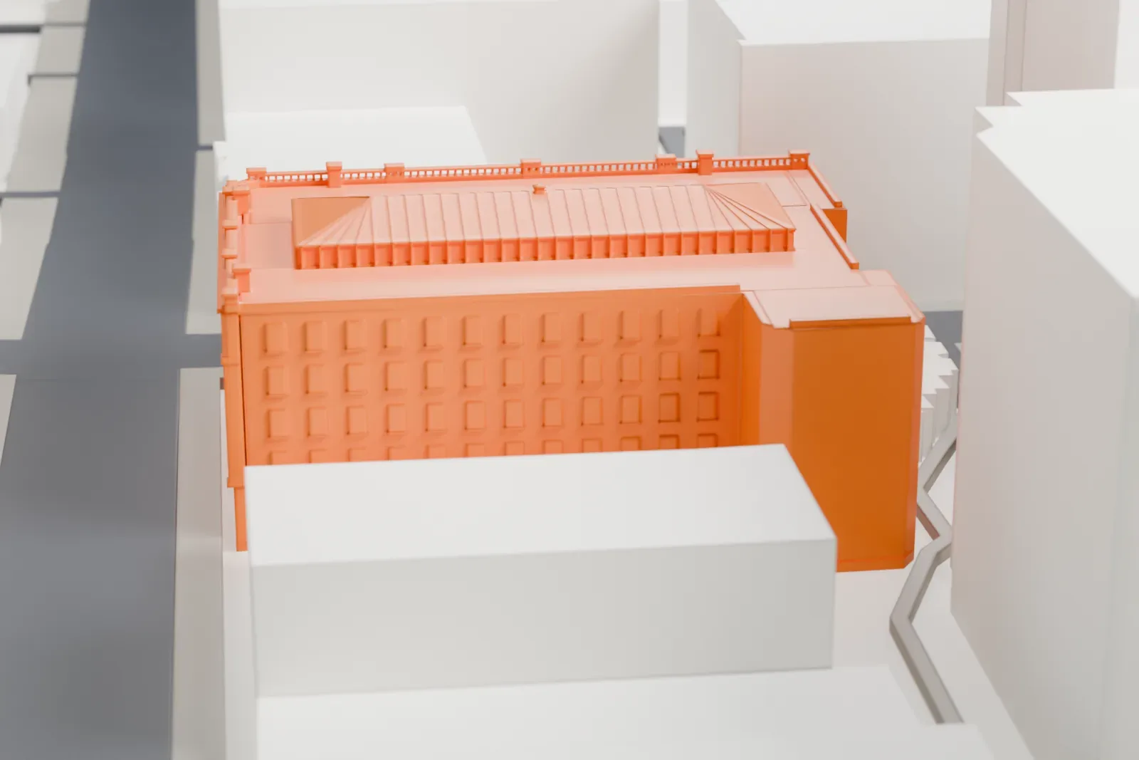 A white 3D print of the Bradbury Building, a rectangular five-story block filling a city corner, with streets and other buildings around it.