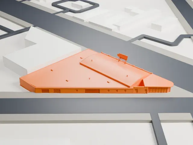 Bragg's Pies Building model, South view