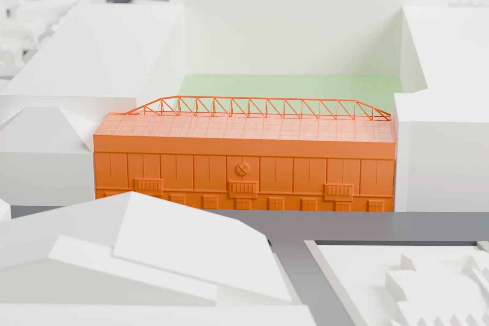 A white 3D print of Bramall Lane's west stand, with a slim cantilevered roof, open lattice girder and two tiers of seating, beside surrounding streets and buildings.