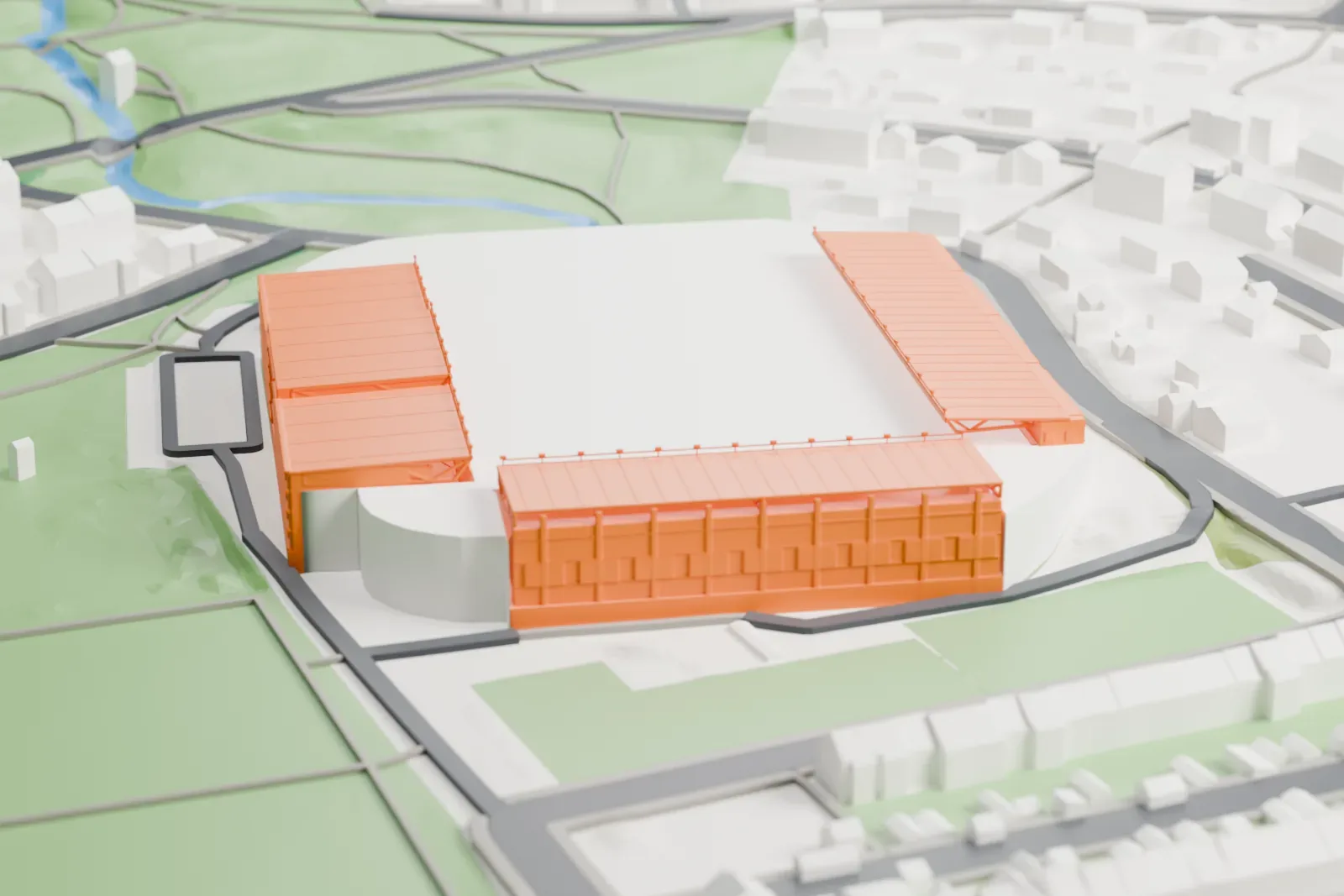 A white 3D print of Brann Stadion, with three separate roofed stands around an open pitch and the surrounding streets and buildings of Bergen.