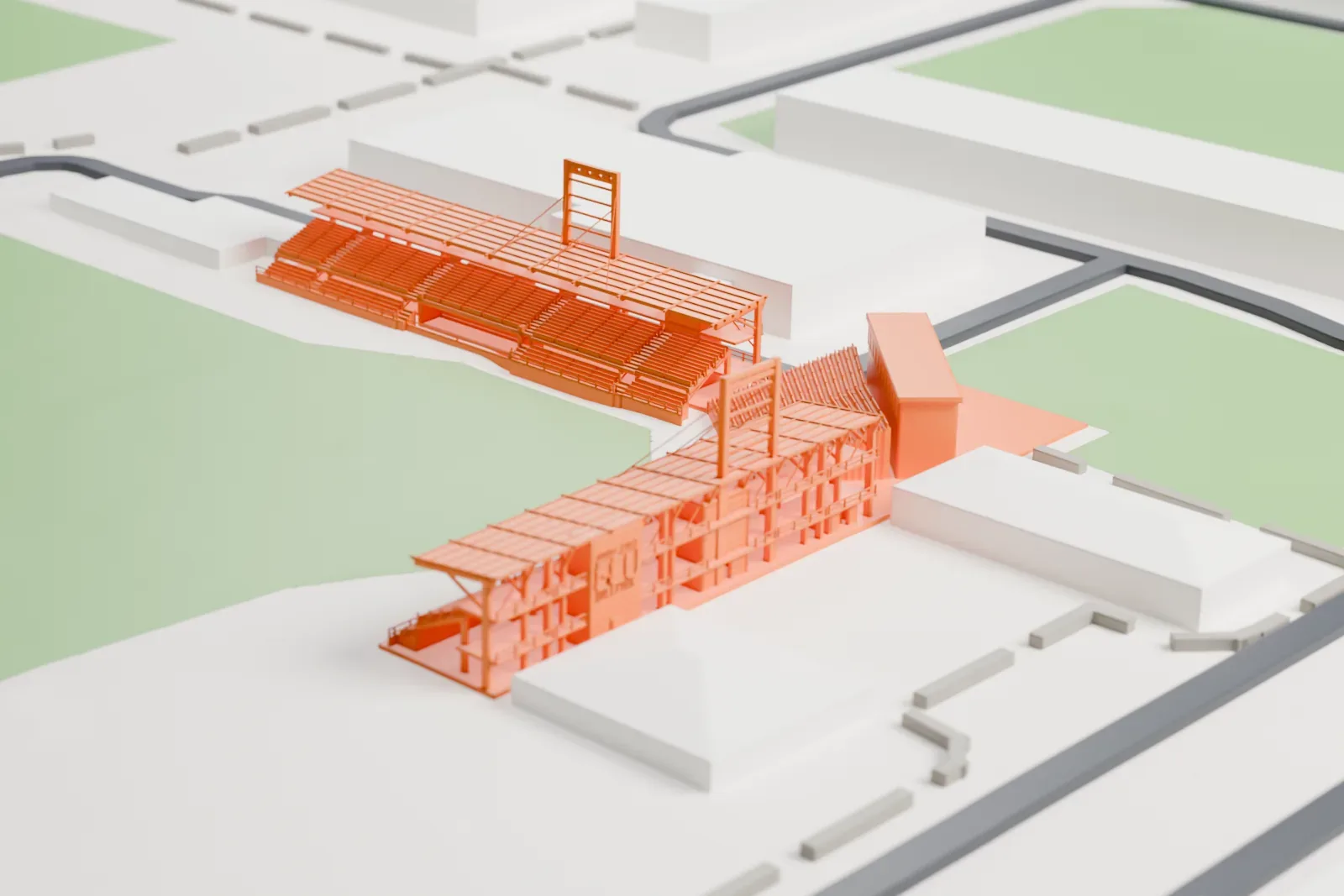 A white 3D print of Brazell Field at GCU Ballpark, a baseball stadium with open slatted stands and a small press box tower, beside green lawns, roads and nearby buildings.