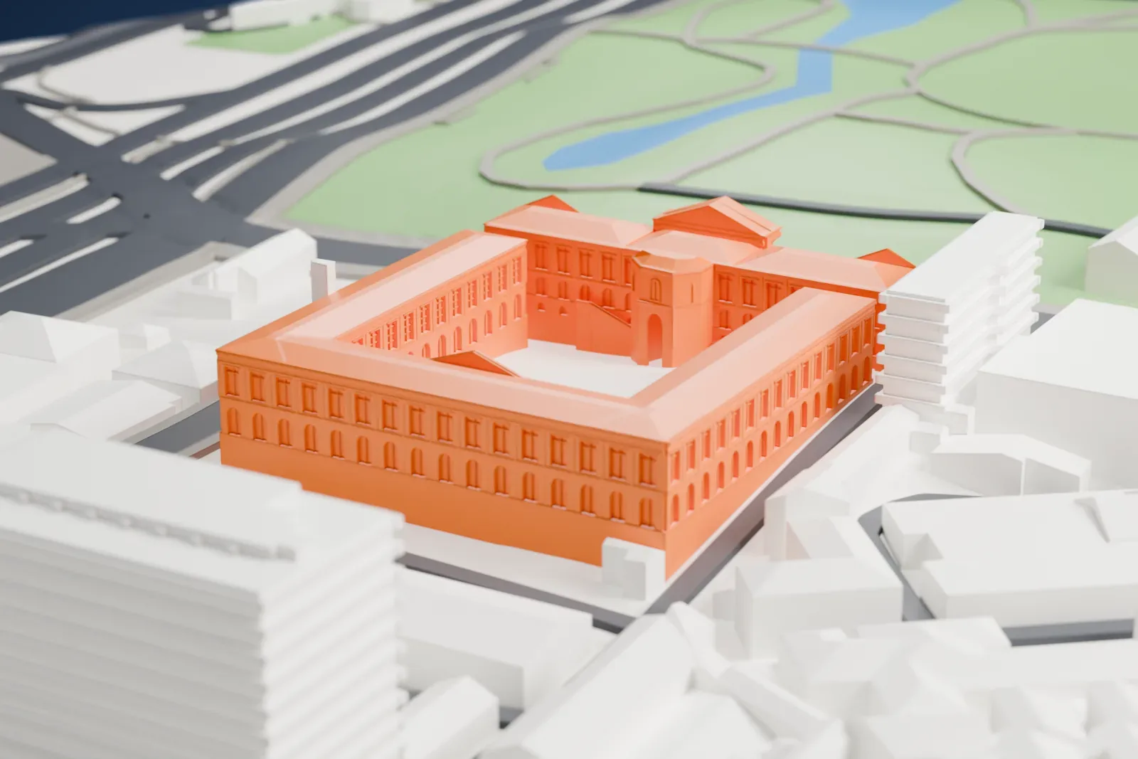 A white 3D print of the Brazilian National Archives, a group of wings with arched windows around an open courtyard, among surrounding streets and buildings.