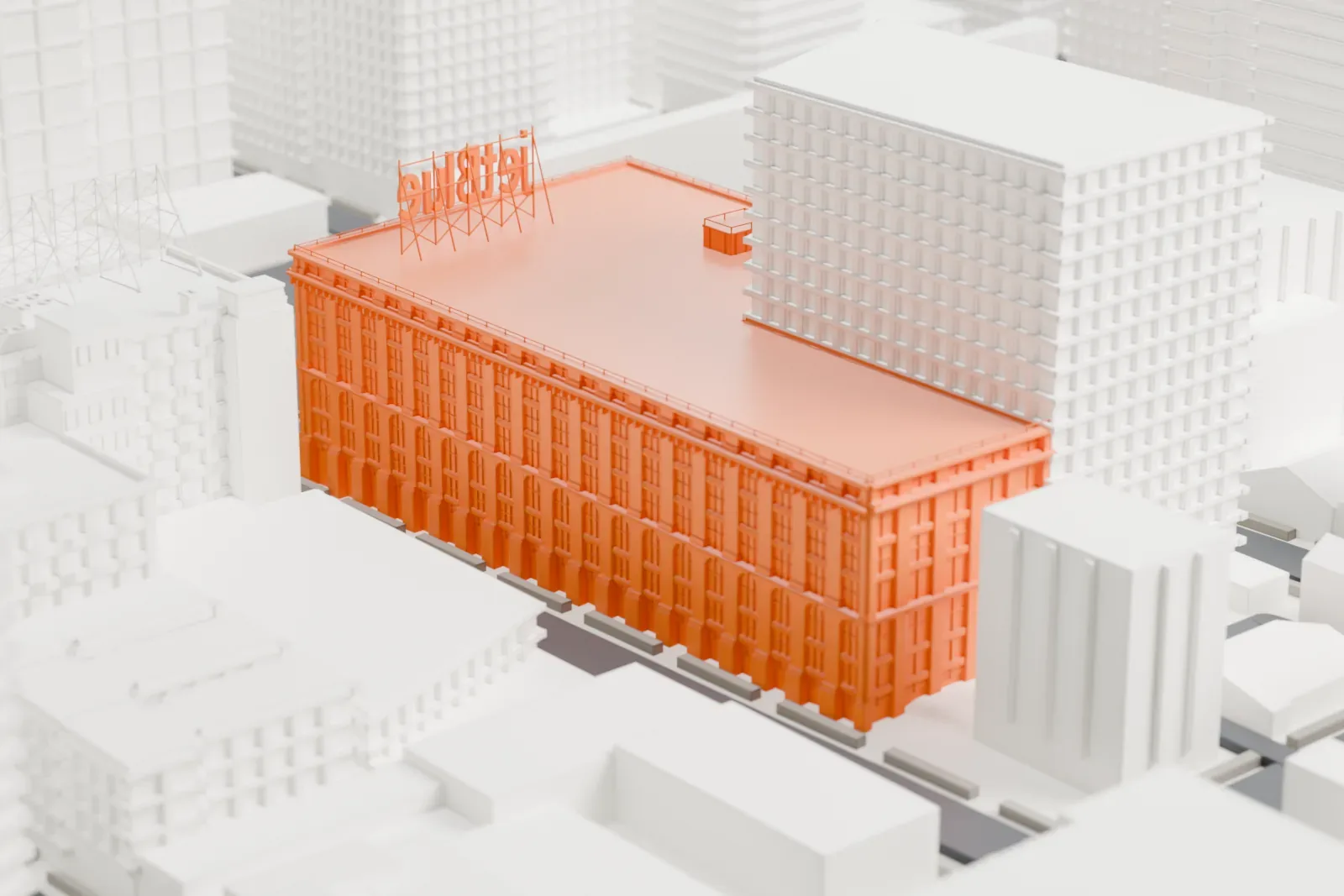 A white 3D print of the Brewster Building, a long flat-roofed block with a lattice sign frame on its roof, surrounded by taller buildings and streets.